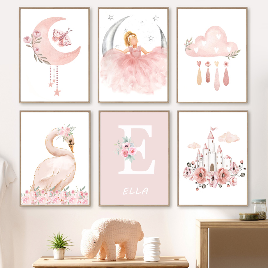 Baby Nursery Decor Girl - Розовый Ангел Девушка Солнце Луна Облако