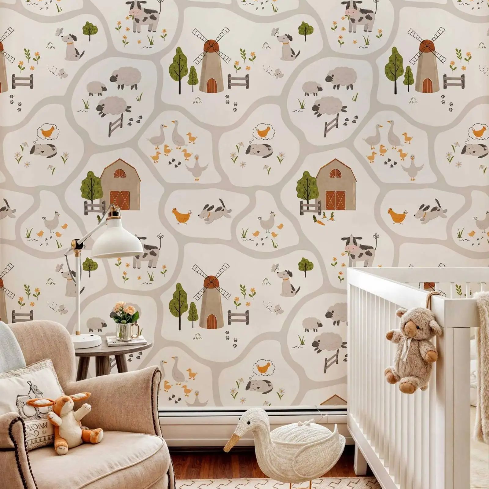 Baby Nursery Peel And Stick Wallpaper - Детские обои с милыми сельскохозяйственными животными,