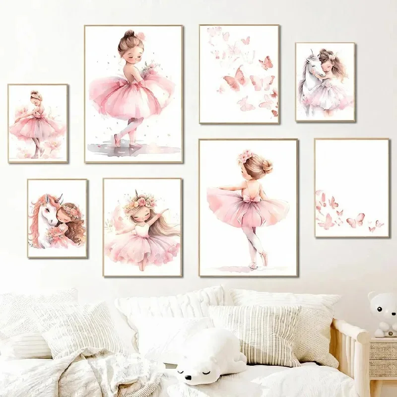 Baby Nursery Frames - Розовый постер с балериной, единорогом и