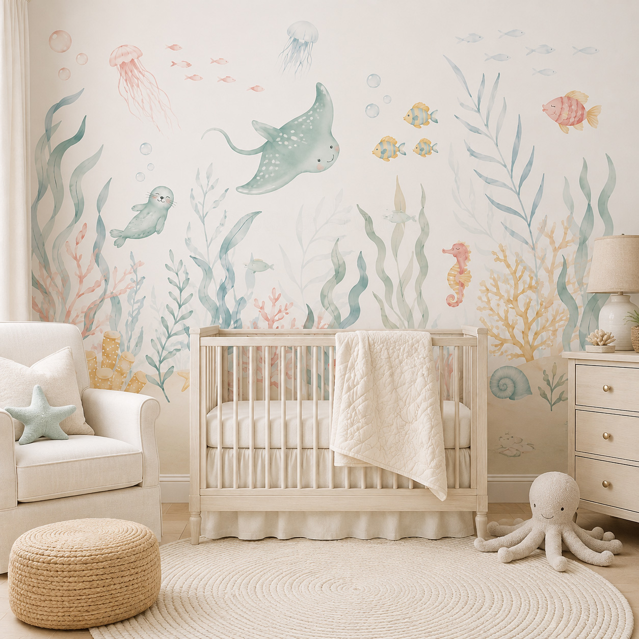 Baby Nursery Peel And Stick Wallpaper - Самоклеящиеся обои с изображением морских животных,